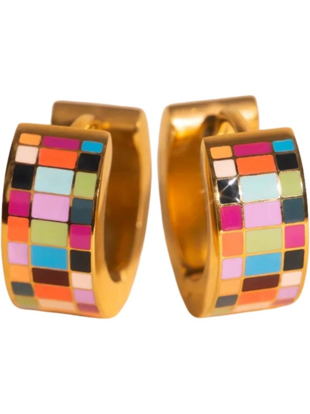 Super Chunky Checkered Huggie Hoop Earrings - Adjustable Stainless Steel & Gold